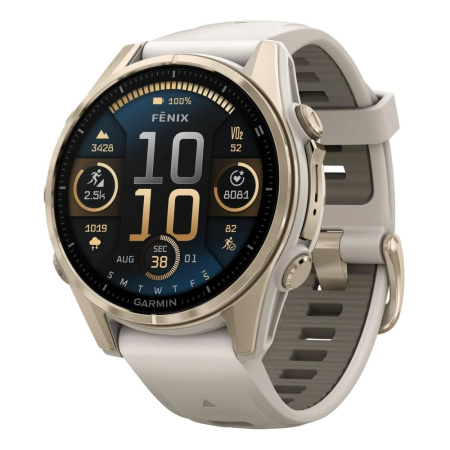 Часы Garmin Fenix 8 - 43 мм, AMOLED Sapphire, золотистый корпус, дымчато-серый ремешок