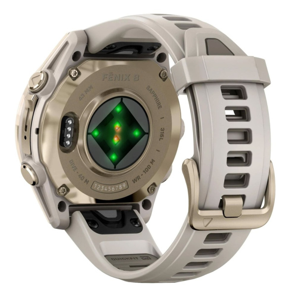 Часы Garmin Fenix 8 - 43 мм, AMOLED Sapphire, золотистый корпус, дымчато-серый ремешок