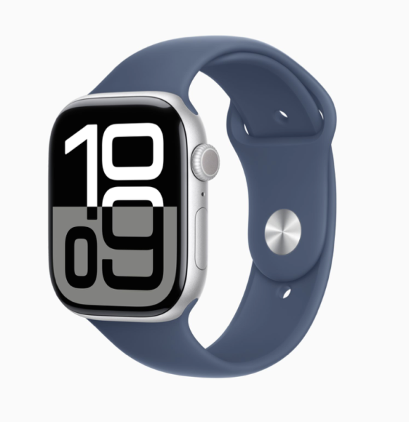 Apple Watch S10, 42 mm, корпус из алюминия серебристого цвета, спортивный ремешок синего цвета