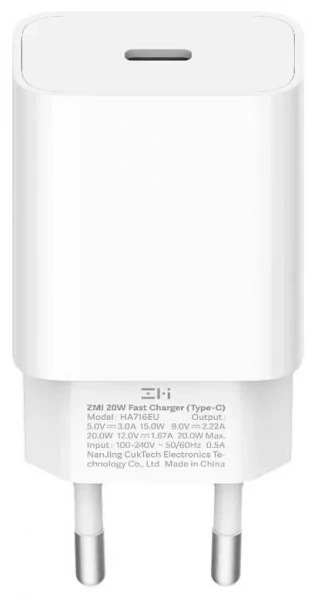 Адаптер питания Xiaomi ZMI Type-C Power Adapter PD 20W EU White HA716