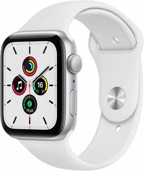 Apple Watch SE (2-nd gen), 44 mm, Корпус из алюминия серебристого цвета, спортивный ремешок белый