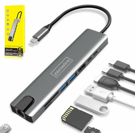Переходник для Macbook USB-C iNeez 9in1 3USB3.0/SD/TF/HDMI/Audio/VGA/PD Gray